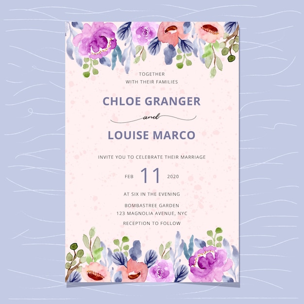 Wedding invitation with pretty flower watercolor border