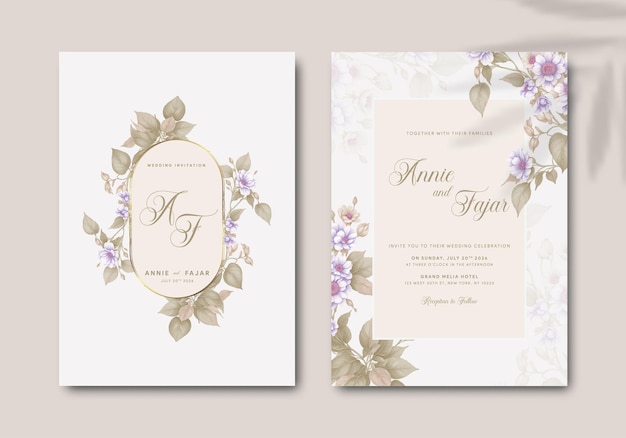 wedding invitation with purple flower branch watercolor premium vector