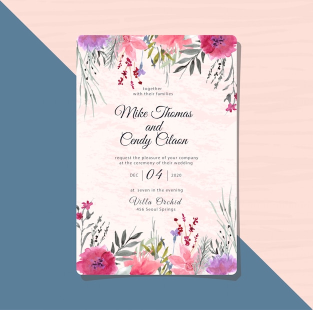 wedding invitation with purple flower watercolor