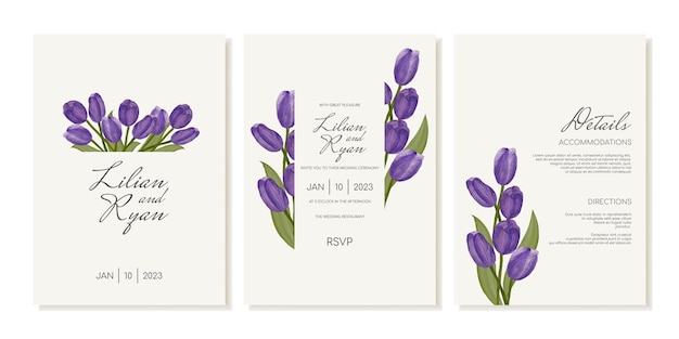 Wedding invitation with purple tulips in watercolor style Vector template