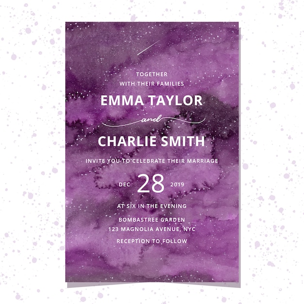 Wedding invitation with purple watercolor background