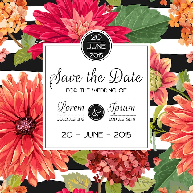 Vector wedding invitation with red asters flowers