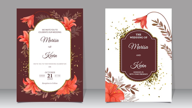 A wedding invitation with red and gold flowers and leaves.