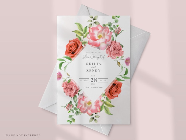 wedding invitation with a red rose painting theme