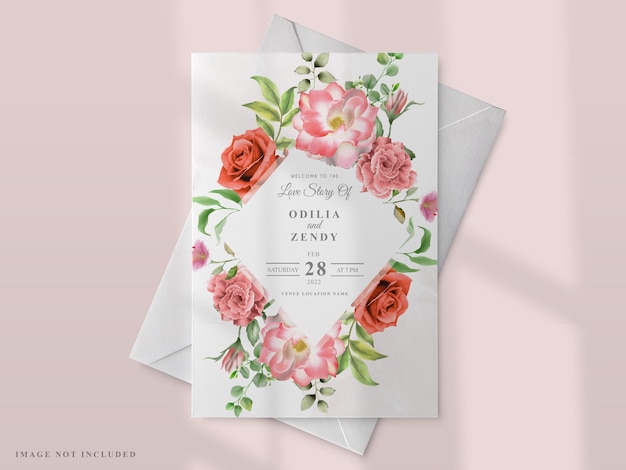 Vector wedding invitation with a red rose painting theme