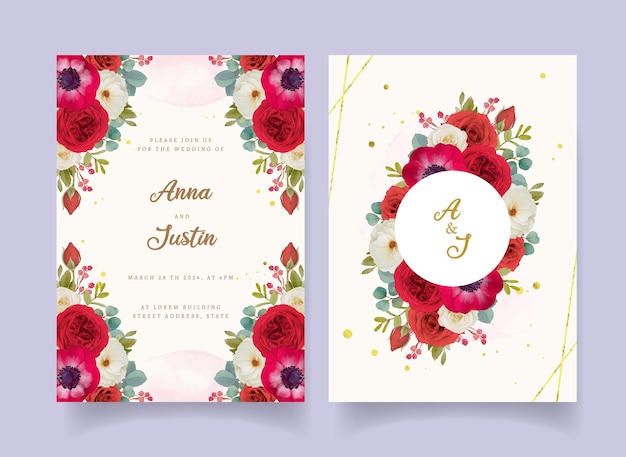 Vector wedding invitation with red watercolor flowers