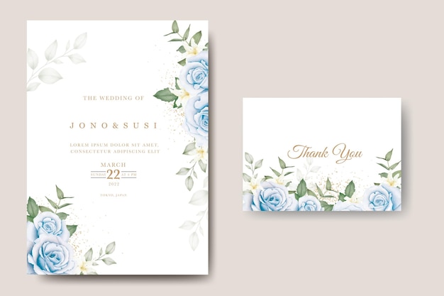 Свадебные приглашения с розой и листьями темно-синего цвета
