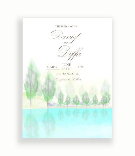 wedding invitation with scenery theme and watercolor elements