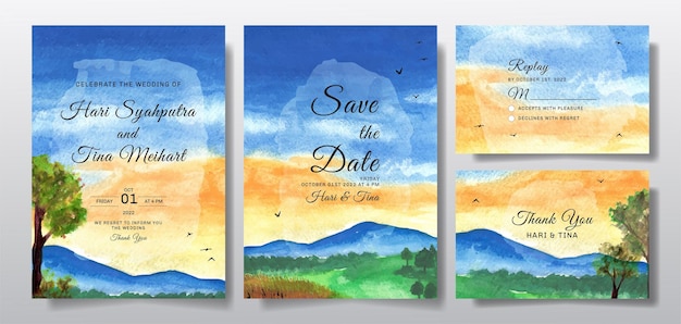 Wedding invitation with sky and tree watercolor landscape