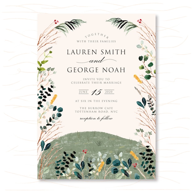 Vector wedding invitation with spring meadow landscape watercolor