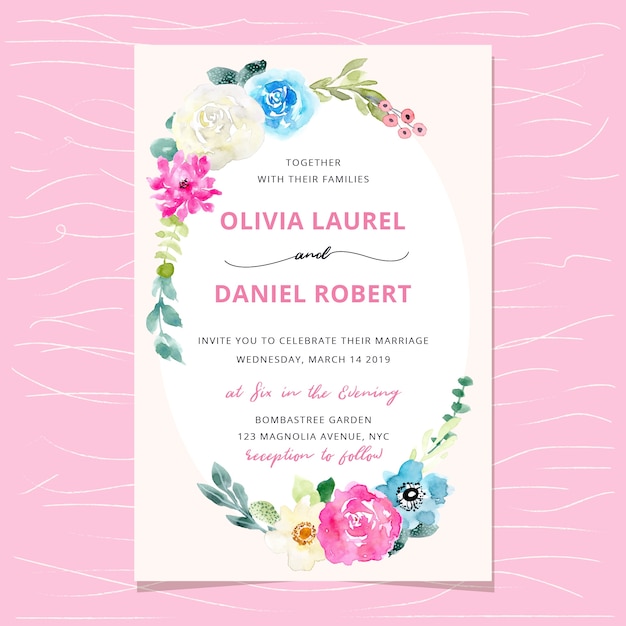 wedding invitation with sweet watercolor floral frame