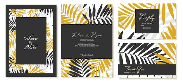 Wedding invitation with thank you cards and rsvp Summer theme palm leaves tropical style in black