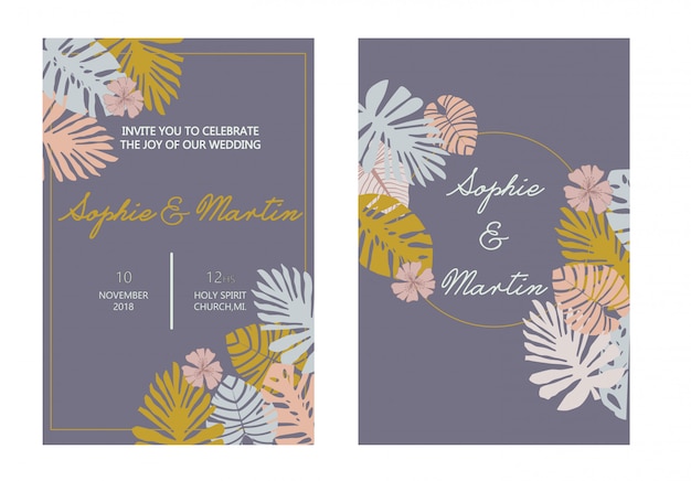 Wedding invitation with tropical leaves