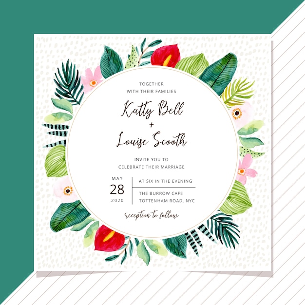 Vector wedding invitation with tropical plant watercolor frame