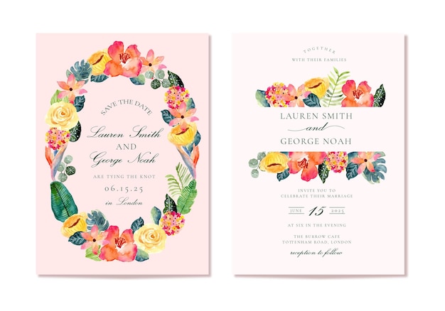 Wedding invitation with tropical summer floral watercolor