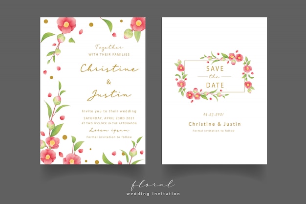 Wedding invitation with watercolor camellia flowers