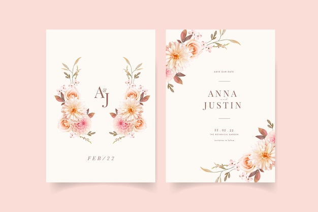 Vector wedding invitation with watercolor dahlias and rose