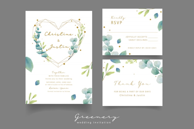 Wedding invitation with watercolor eucalyptus leaves