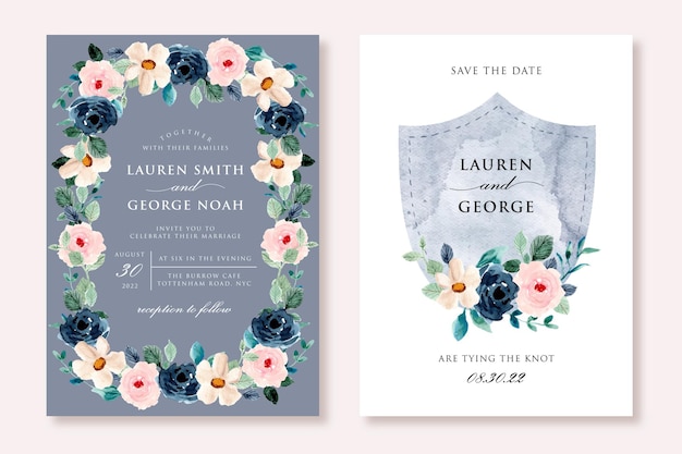 Vector wedding invitation with watercolor floral and badge