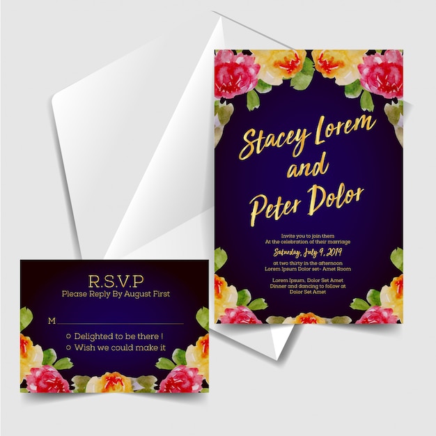 Wedding invitation with watercolor flowers background blue