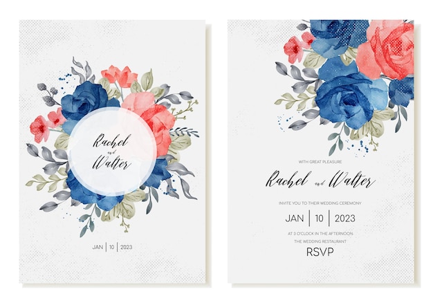 wedding invitation with watercolor flowers blue roses leaves vector template