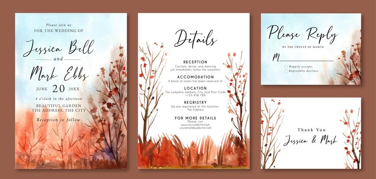 Wedding Invitation with Watercolor Landscape of Gold Pine Trees