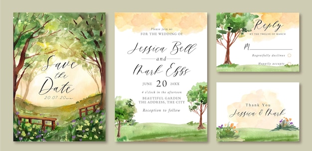 Wedding Invitation with Watercolor Landscape of Green Field and Trees