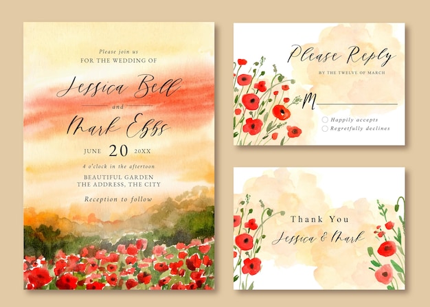 Wedding Invitation with Watercolor Landscape of Red Poppies Field