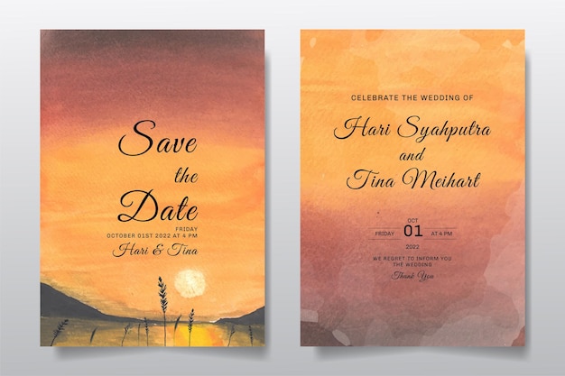 Wedding invitation with watercolor landscape sky and sunset lake