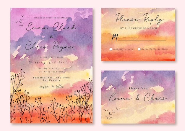 Vector wedding invitation with watercolor landscape of sunset orange skies