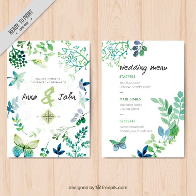 Wedding invitation with watercolor leaves and butterflies