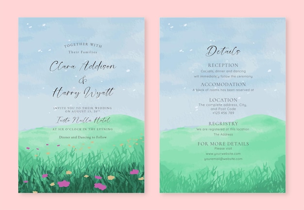 Wedding Invitation with Watercolor Night Sky and Cherry Blossom Trees