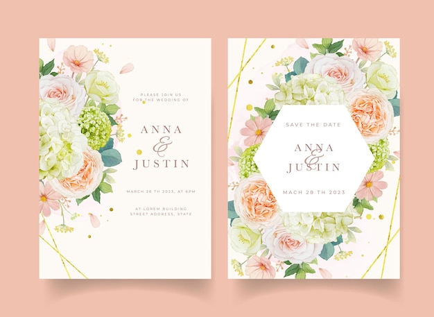 Wedding invitation with watercolor peach roses and hydrangea flower