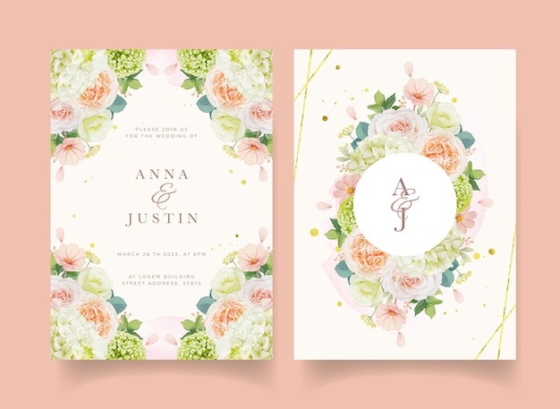 Wedding invitation with watercolor peach roses and hydrangea flower