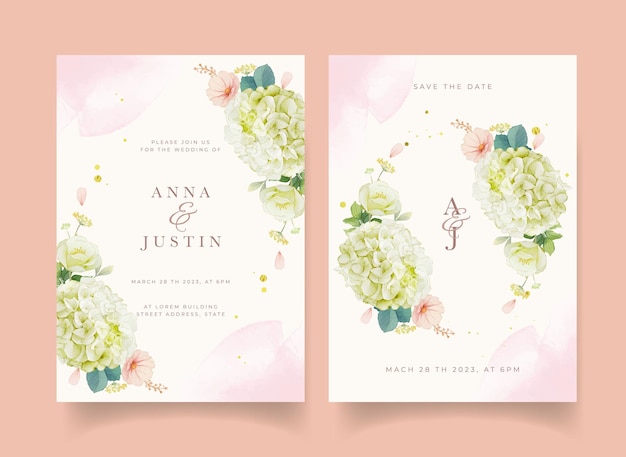 Wedding invitation with watercolor peach roses and hydrangea flower