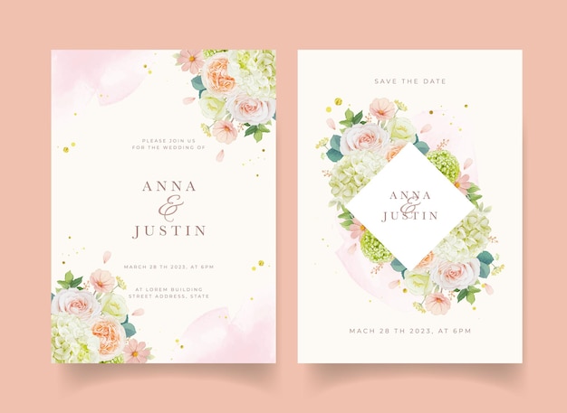 Wedding invitation with watercolor peach roses and hydrangea flower