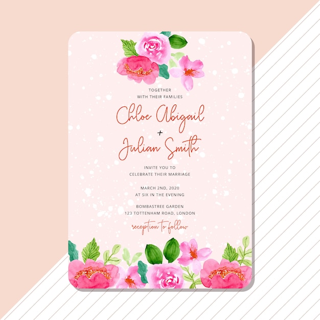 wedding invitation with watercolor pink floral border