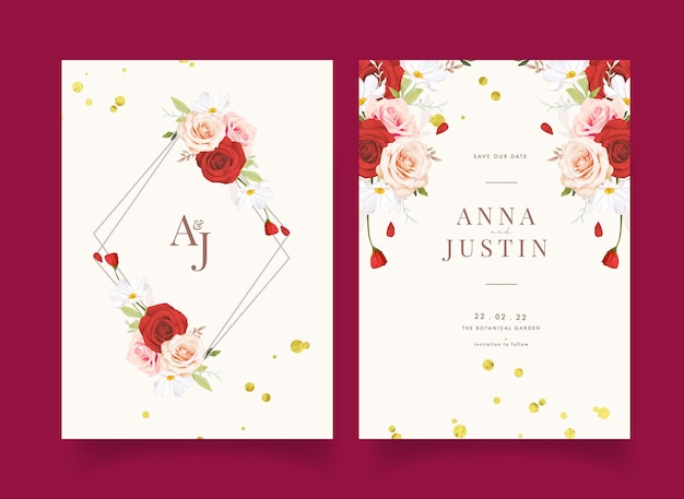 Vector wedding invitation with watercolor pink and red roses