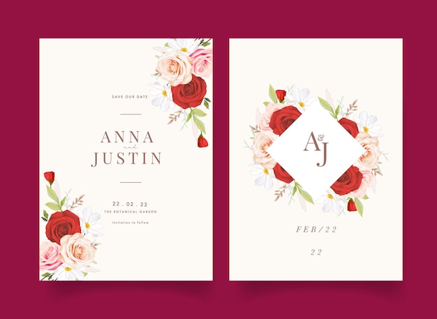 Wedding invitation with watercolor pink and red roses