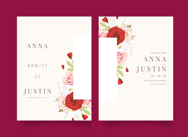 Wedding invitation with watercolor pink and red roses