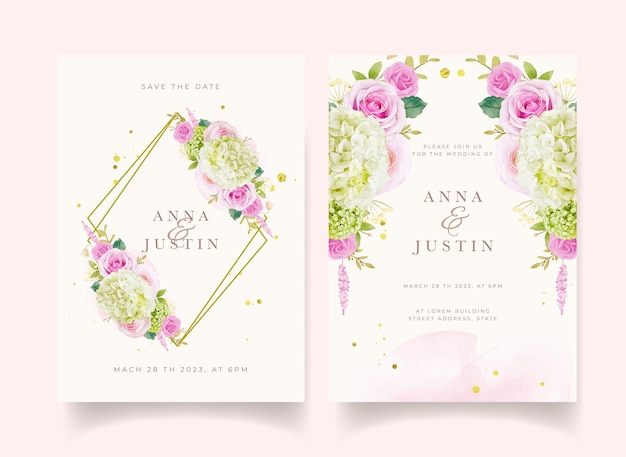 水彩ピンクのバラとアジサイの結婚式の招待状
