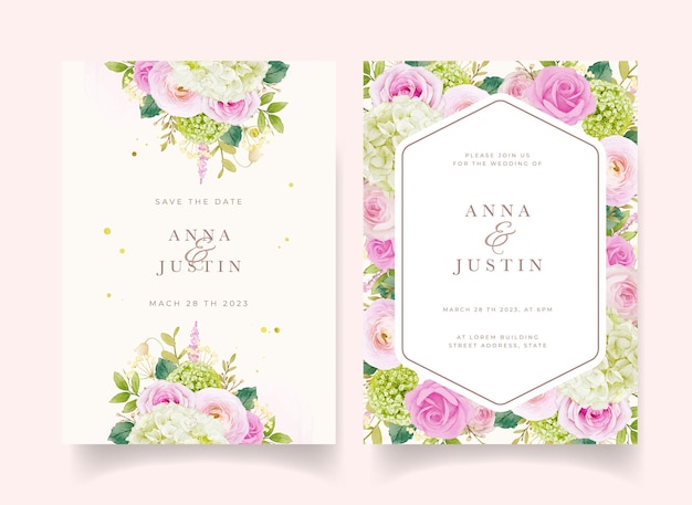 水彩ピンクのバラとアジサイの結婚式の招待状
