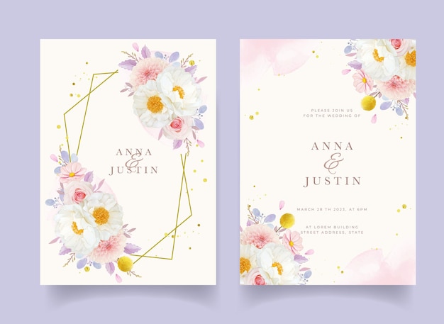 Wedding invitation with watercolor pink roses  dahlia and peony flower