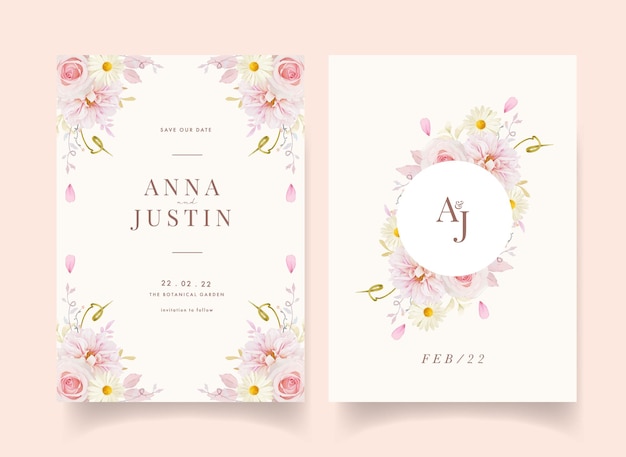 Wedding invitation with watercolor pink roses dahlia and white peony