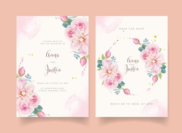 Wedding invitation with watercolor pink roses and dahlia