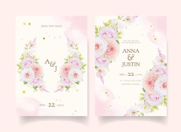 Wedding invitation with watercolor pink roses and dahlia