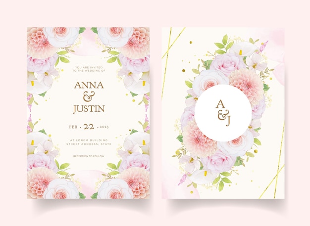 Wedding invitation with watercolor pink roses and dahlia