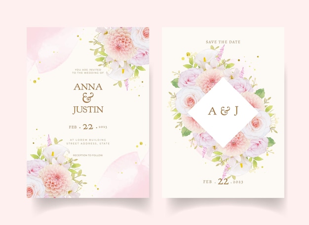 Wedding invitation with watercolor pink roses and dahlia