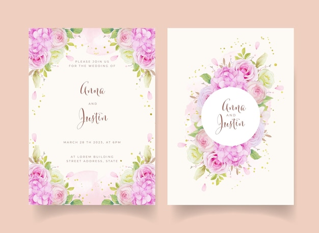 Wedding invitation with watercolor pink roses and hydrangea flower