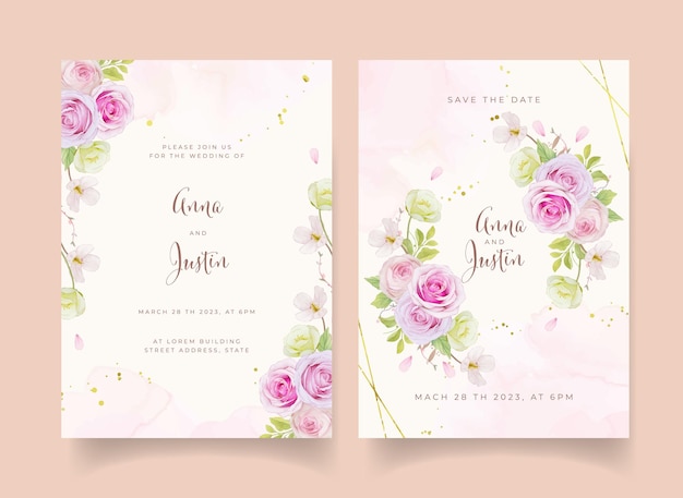 Wedding invitation with watercolor pink roses and hydrangea flower